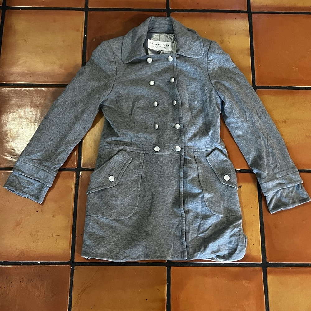 Trina Turk Pea Coat Jacket Womens 8 Gray Button Up Viscose Cotton Soft Beautiful